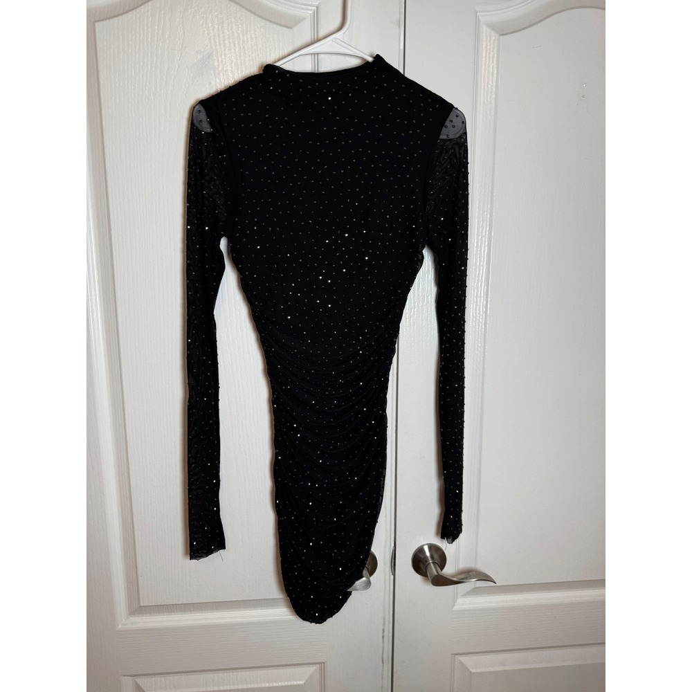 AFRM Black Shimmer Mesh Rhinestone Ruched Long Sleeve Mini Dress Small